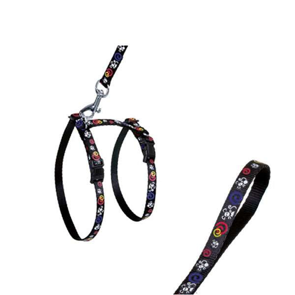 Harnais noir Karlie Flamingo avec motifs souris colorés et laisse assortie en nylon, réglable pour chats