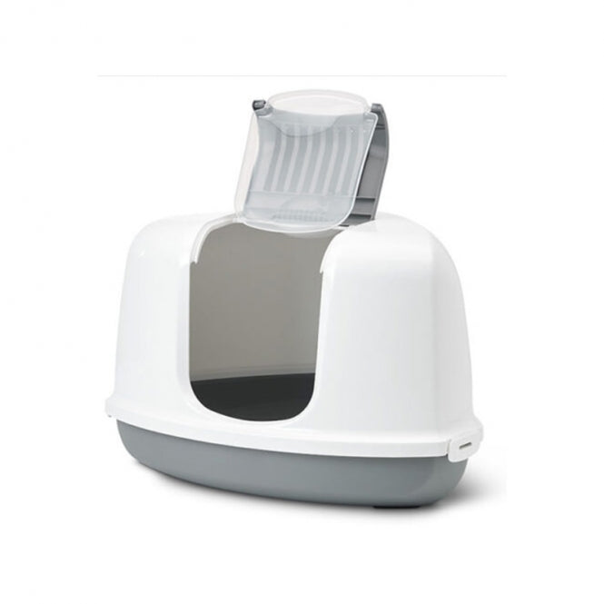 Bac à litière Savic Nestor Corner blanc/gris avec porte rabattable pour nettoyage facile