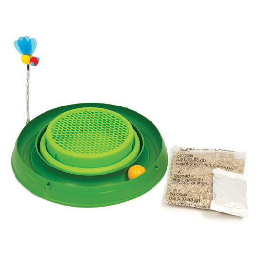 Accessoires du kit Play-n-Scratch : support vert, sachets de graines et balle