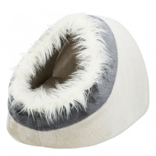Niche pour chat Trixie Minou en softplush gris clair et gris avec entrée bordée de fausse fourrure
