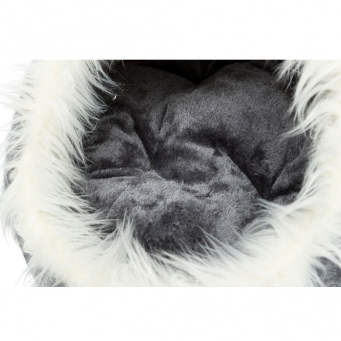 Intérieur de la niche Trixie Minou avec coussin matelassé gris foncé et fausse fourrure blanche