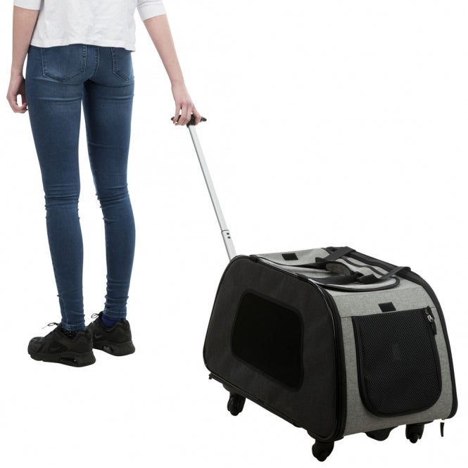 Trolley de transport Trixie en nylon noir/gris pour chiens et chats, avec roulettes et poignée télescopique