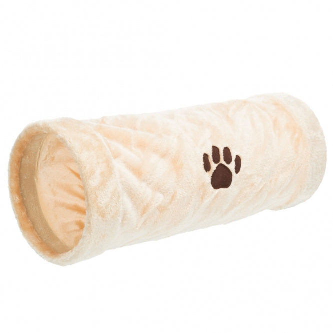 Tunnel de jeu Trixie Crunch en peluche beige avec effet crépitant pour chats, 60 cm
