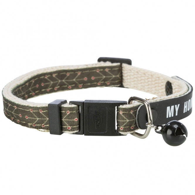 Collier pour chat Trixie réglable en olive/beige avec grelot noir et languette d’adresse « MY HOME »