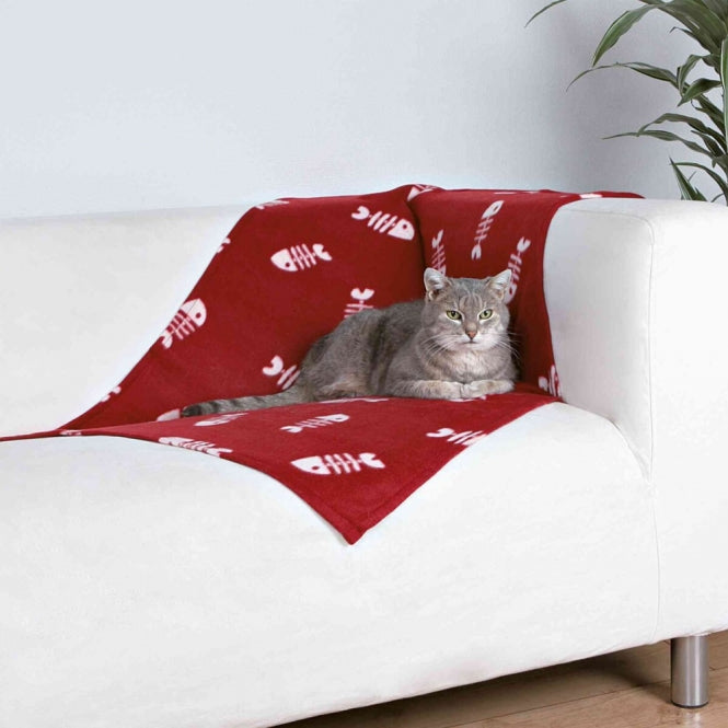 Couverture polaire Trixie bordeaux 100 × 70 cm avec motifs arêtes de poisson blancs, pour chat