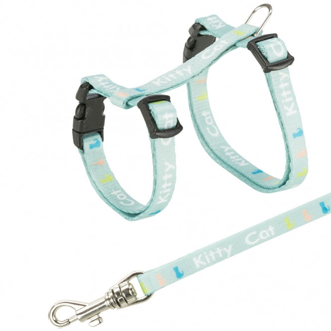 Harnais réglable Trixie bleu clair pour chatons avec motif « Kitty Cat » et laisse de 120 cm