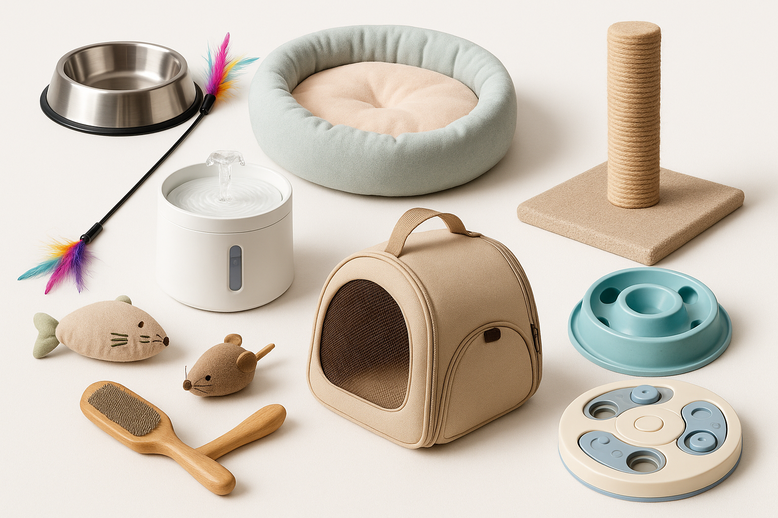 une photo avec plusieurs accessoires variés pour chats (gamelle, jouet, coussin, fontaine,etc)